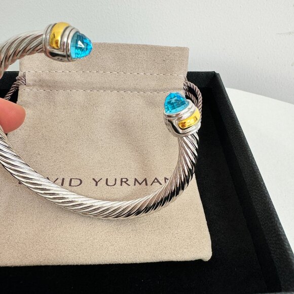 David Yurman Sterling Silver 7mm Blue Topaz and 14K Gold Cable Cuff Bracelet - Picture 4 of 5